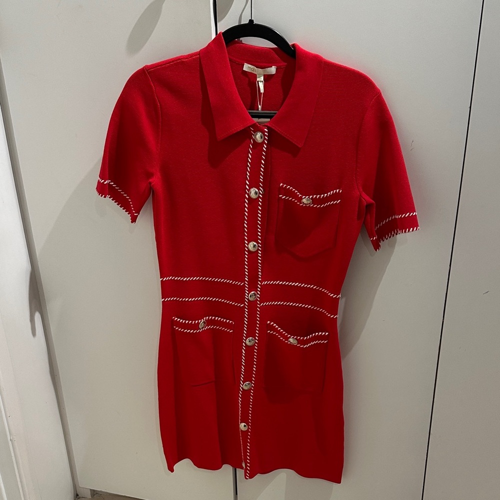 Make Red gold Button-Up Knit Dress with White Trim (never worn with tags)